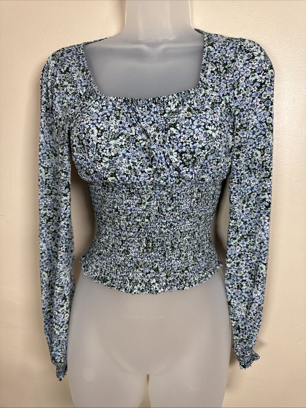 VTG Womens Poly Esther Milkmaid Blouse Micro Floral Cottage Coquette Ruched S